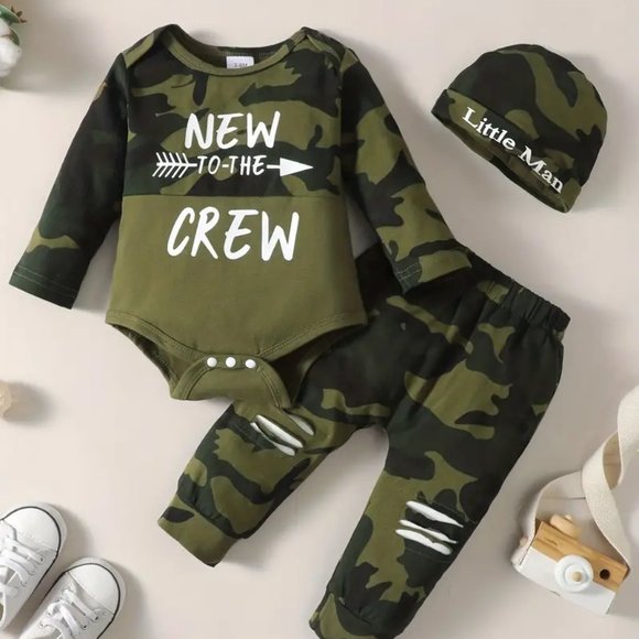 Baby Boy's Camouflage Long Sleeve Suit, NEW TO THE CREW Letter Printed Romper - Picture 1 of 6
